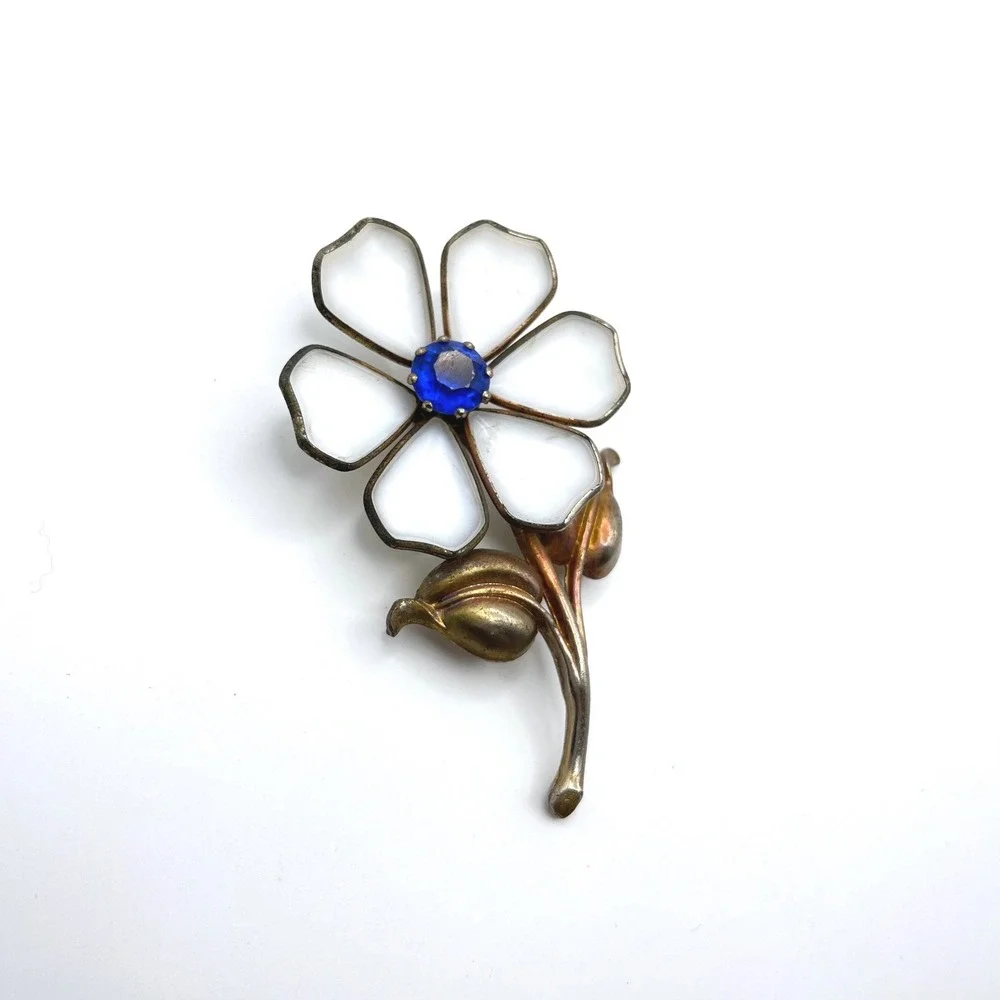1940s Trifari Gripoux Poured Glass Flower Fur‎ Clip Blue Rhinestone For Repair